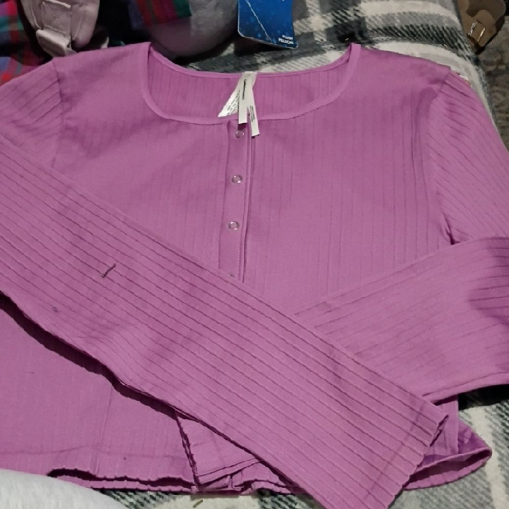 Ribbed Long Sleeve Button Up L/Xl Anthropologie Purple-055v